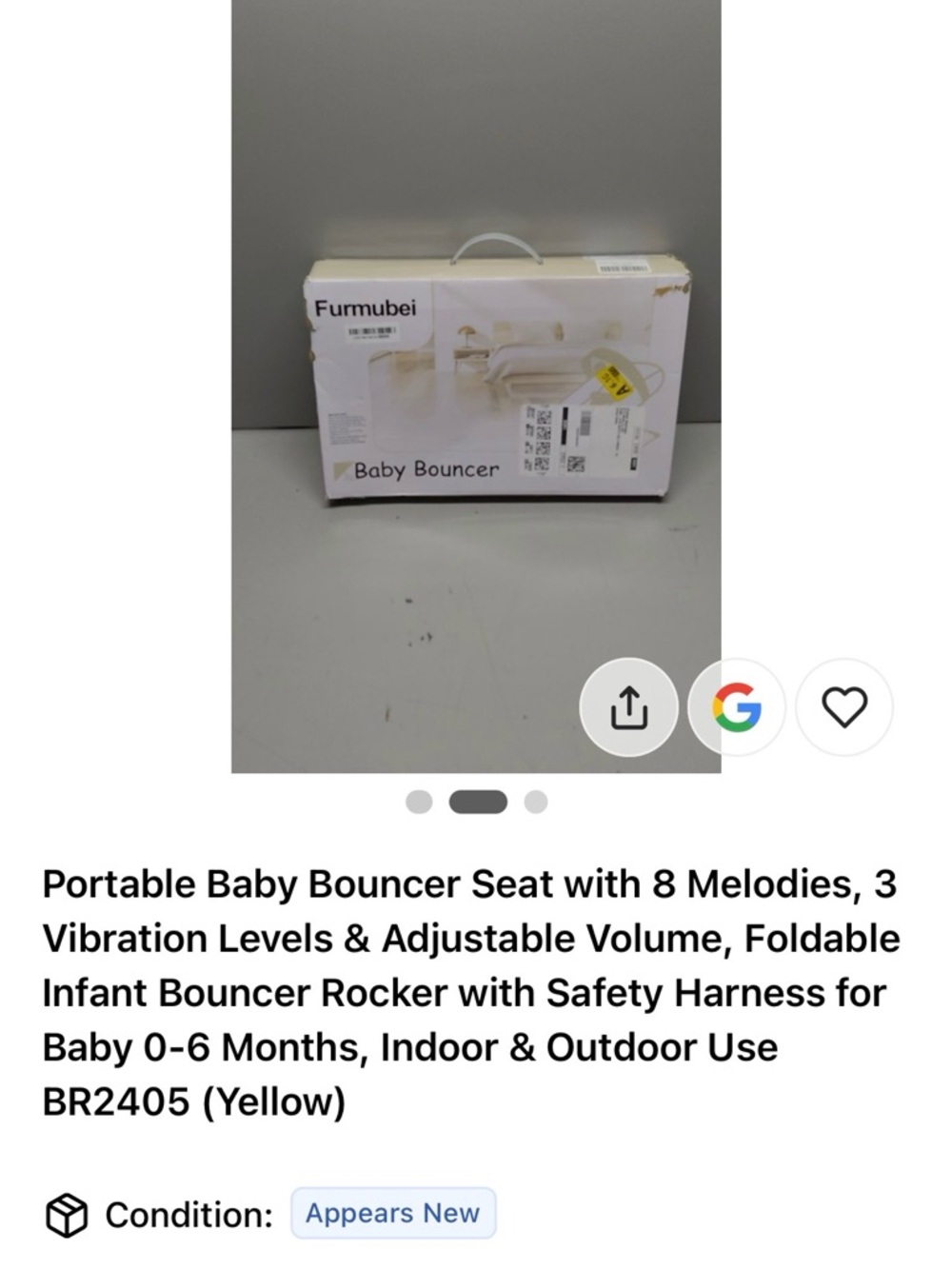 Portable Baby Bouncer Seat - Yellow Infant Rocker with Music & Vibration - Picture 2 of 2